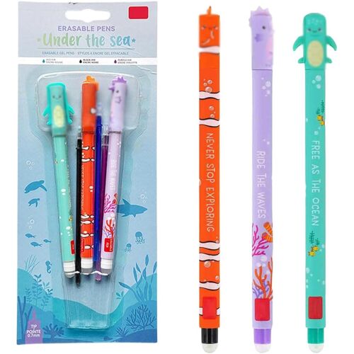 Jexnovashop-Lot De 3 Stylos À Bille À Encre Gel Effaçable - Motifs Animaux Marins (Hippocampe, Tortue, Poisson Clown) - Pointe 0,7 Mm - Pour École, Bureau Et Dessin