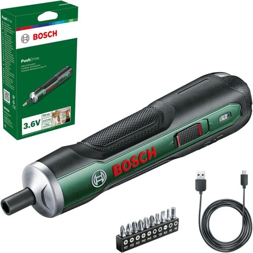 MEVRONISSHOP-Home and Garden Visseuse sans fil Bosch - Kit de démarrage PushDrive (3,6 V ; 1,5 Ah ; 5,0 Nm ; 10 embouts de vissage ; avec câble de chargeur micro-USB ; livré dans un carton)