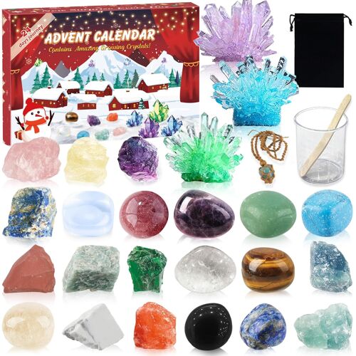 JEXNOVASHOP-Calendrier de l'Avent 2025 avec Cristaux Naturels, 24 Pierres Précieuses Minéraux pour Enfant Fille Garçon, Cadeau de Noël Lithothérapie pour Femme Homme Noël pour Ado Fille