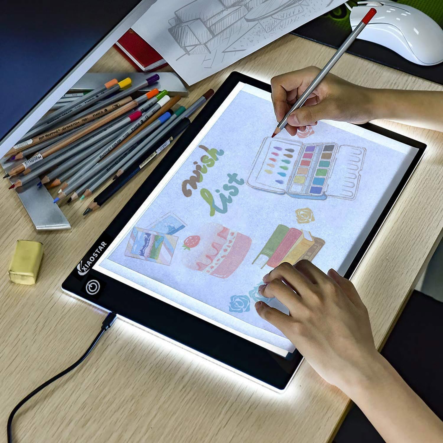 Wondiko Tablette Tableau à Note LED Avec Stylo 7 Couleurs, Tableau Magique Lumineux En Acrylique Avec Lumière, Tableau à Dessin Lumineux à DEL Effaçable à Sec Avec Support Pour Bureau, école, Maison