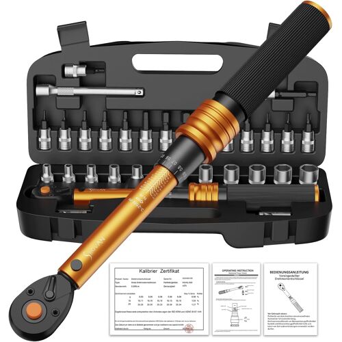 JEXNOVASHOP-33 Pièces Clé Dynamométrique 1/4"", 3-25Nm Cle Dynamométrique Velo, Précision ±3%, Kit D'entretien avec Douilles Hex, Barre D'extension, Bits Adaptateur, pour Moto y vélo Route et de Monta