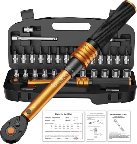 JEXNOVASHOP-33 Pièces Clé Dynamométrique 1/4"", 3-25Nm Cle Dynamométrique Velo, Précision ±3%, Kit D'entretien avec Douilles Hex, Barre D'extension, Bits Adaptateur, pour Moto y vélo Route et de Monta