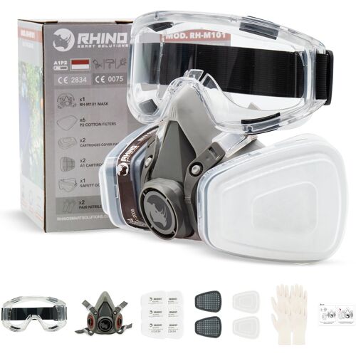 JEXNOVASHOP-s Masque Peinture A1 Protection Respiratoire Réutilisable Anti Poussiere, Gaz, Chimique, Resine Epoxy, Travaux du Bricolage | Avec Filtres en Coton, Lunettes de Sécurité, Gants