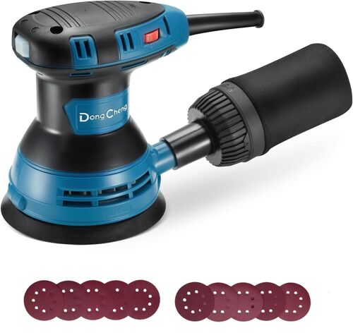 JEXNOVASHOP-DongCheng Ponceuse excentrique 300 W, 125 mm, 6 vitesses, 4000-12000 tr/min avec dépoussiéreur et 10 types de papier de verre, Ponceuse orbitale aléatoire, idéale pour les travaux de bric