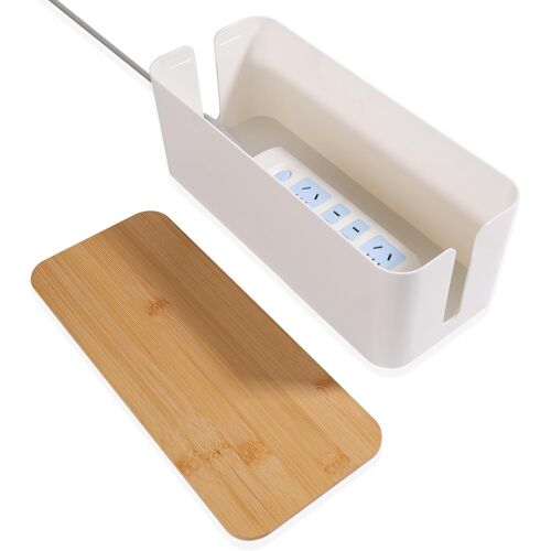 JEXNOVASHOP-Boîte De Rangement pour Câbles : Boîte De Rangement pour Câbles avec Couvercle en Bambou - Boîte De Gestion des Câbles pour Organiser Les Câbles Et Les Dissimuler (Blanc)