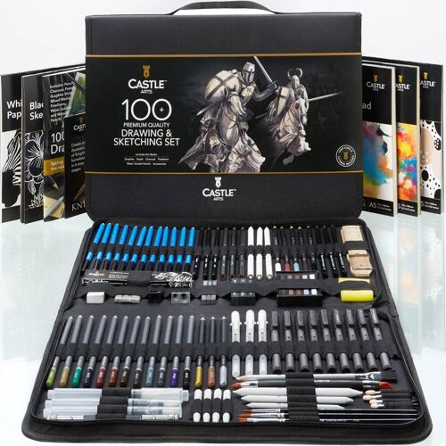 Jexnovashop-Set 100 Pièces Dessin Et Croquis | Crayons, Bâtons Graphites, Fusains, Pastels, Métallisés Et Solubles À L¿Eau, Feutres Fins | Pour Professionnels Et Artistes | Étui Robuste