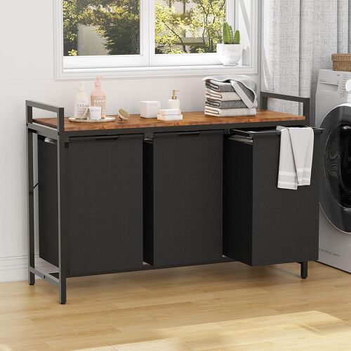 JEXNOVASHOP-Panier à Linge 3 Compartiments, 3 x 50L Meuble Linge Sale sacs Intérieurs Amovibles et Coulissants, Structure en Métal, Marron Vintage et Noir (3 Compartiment- 150L)