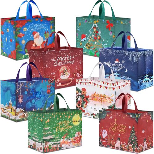 JEXNOVASHOP-8Pcs Grande Sacs Cadeau Noël, 32.5 x 25 x 17cm, Sac Cadeau Noël en Non Tissé, Pochette Fourre-tout avec Poignées, Sacs à Courses Réutilisables pour Fournitures de Fête