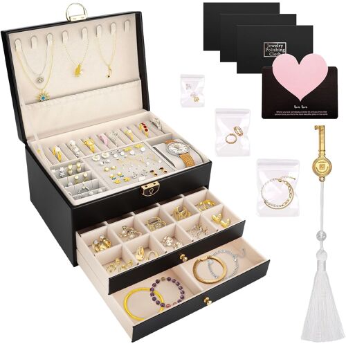 Jexnovashop-Boîte À Bijoux,Coffre À Bijoux,3 Niveaux Rangement Bijoux Verrouillable Avec Clef,Boite A Bijoux En Cuir Imperméable,Pour Ranger Bagues/Boucles D'oreilles/Colliers