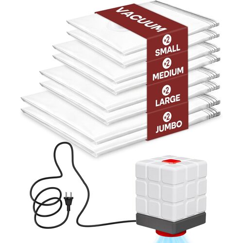JEXNOVASHOP-Sac Sous Vide Vetement Aspirateur avec Pompe Électrique, Lot de 8 (2 Géants, 2 Grands, 2 Moyens, 2 Petits), Sac de Rangement Sous Vide Réutilisables pour Vêtements, Literie, Voyages et Dé