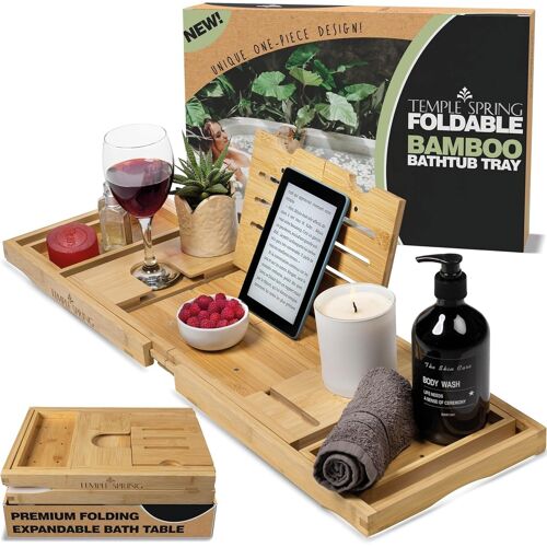 Jexnovashop-Plateau De Bain Pliable, Étagère De Bain En Bois Extensible, Planche Spa Pour Adultes, Caddy De Baignoire, Set Accessoires Salle De Bain En Bambou ¿ Naturel 
