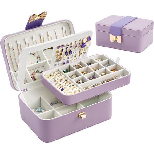 Jexnovashop-Boîte Bijoux Fille, Rangement Bijoux Pu Cuir À 4 Couches Avec Miroir, Range Bijoux Pour Colliers, Boucles D'oreilles, Bracelets -Violet