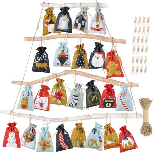JEXNOVASHOP-24 Calendrier de l'Avent Sac en Tissu pour Noël Pochette avec Ficelles Jutes Pinces Compte à Rebours de Noël Sacs Surprise Décoration Noël