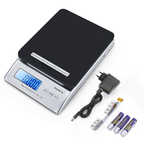 JEXNOVASHOP-Pèse lettres/Pèse colis Numérique, 30 kg, Avec support colis Pliable, Précision 1g, Écran LCD Rétroéclairé, Fonction de Tare, Auto-arrêt, Balance Postales pour Colis, Lettres, Nourriture