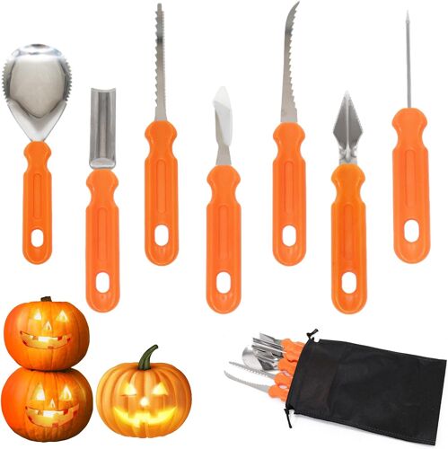 Jexnovashop-7 Pièces Couteau Citrouille, Set Couteaux Citrouille En Acier Inoxydable, Avec Sac Rangement Couteau Coupe Citrouille, Sculpture Tranchante, Adapté À La Sculpture De Lumières Citrouille