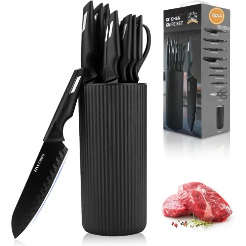 Mevronisshop-Couteaux De Cuisine Avec Bloc, 12 Pièces, Bloc De Couteaux Rond En Plastique Pp, 5 Couteaux À Steak, 5 Couteaux De Chef Et Une Paire De Ciseaux, Set Couteau Cuisine Acier Inoxydable(Noir