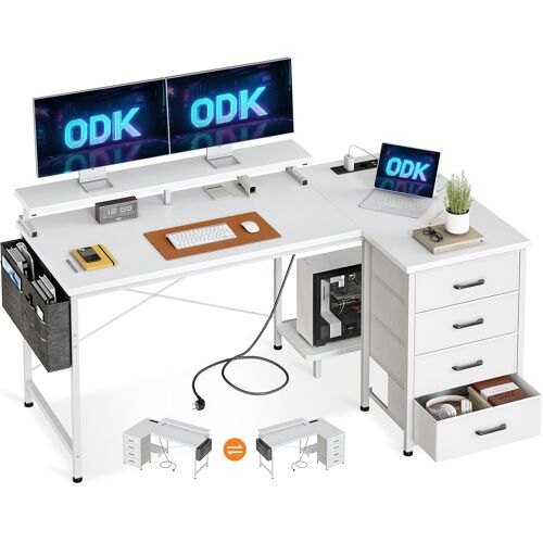JEXNOVASHOP-Bureau d'angle avec 4 Tiroirs, 140x80cm Bureau en L avec Prise de Charge USB et Prise de Courant, Table Informatique Réversible avec Support d'écran pour Chambre Domicile Maison,Blanc