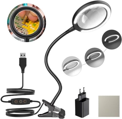 JEXNOVASHOP-Lampe loupe LED 3X lumière du Jour, loupe à Pince avec 5 réglages de lumière réglables pour la Lecture, Les Personnes âgées, Les Loisirs, l'artisanat