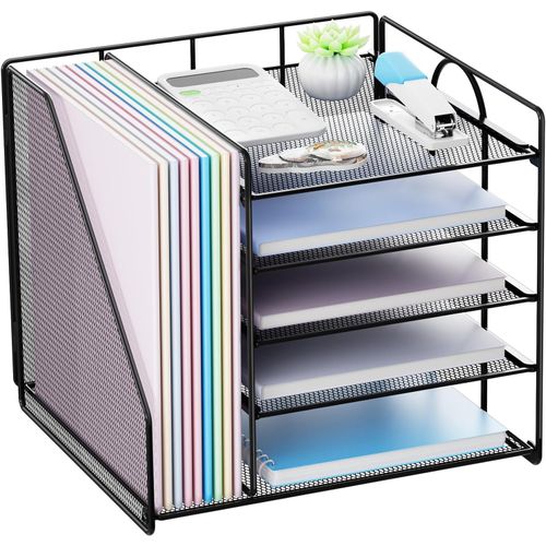 Jexnovashop-Organiseur De Bureau À 5 Niveaux ¿ Rangement De Documents Avec Porte-Fichiers, Corbeille À Courrier En Maille Métallique ¿ Noir