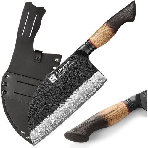 Jexnovashop-Couperet De Cuisine 18,5cm Acier Damas Couteau De Chef Chinois -Professionnel Couteau De Boucher Forgé À La Main Pour La Maison, La Cuisine En Plein Air, Le Camping -Poignée En Chêne Blan
