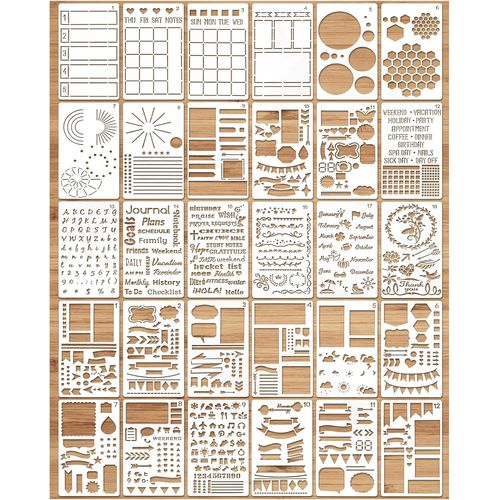 Jexnovashop-30 Pièces Mixte Bullet Journal Pochoir Stencil Kit, Lettre Dessin Peinture Alphabet, Réutilisable Accessoire Pour Diy Planificateur Scrapbooking Murale Décor(17.8x10.2cm)