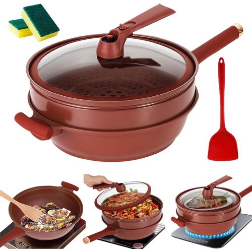 Jexnovashop-Poêle Antiadhésive En Argile Avec Panier Vapeur, Poêle Wok Antiadhésive En Spatule Silicone Et 2 Eponge De Nettoyage, La Vapeur Et Cuisson Tout En 1 Pour Cuisinières Electriques, Inductio
