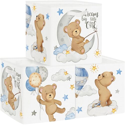 Jexnovashop-Boîtes De Rangement Lot De 3 Animaux Endormis Paniers De Rangement Cube Ballon Ours Étoiles Enfant Pliables Coffre À Jouets Garçons Filles Pour Étagères Livres,Lune,30x30x30 Cm