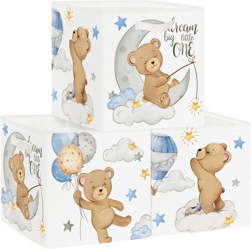 Jexnovashop-Boîtes De Rangement Lot De 3 Animaux Endormis Paniers De Rangement Cube Ballon Ours Étoiles Enfant Pliables Coffre À Jouets Garçons Filles Pour Étagères Livres,Lune,30x30x30 Cm
