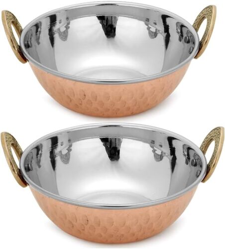 Jexnovashop-Lot De 2 Plats Indiens En Cuivre Martelé En Acier Inoxydable Karahi Pour Plats Indiens Et Curry 17 Cm De Diamètre
