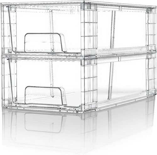 Jexnovashop-Lot De 2 Tiroirs De Rangement Empilables Transparent Petit Modèle, Organisateurs Acrylique Avec Poignées, Pour Réfrigérateur, Salle De Bain, Cuisine, Placard, Rangement Garde-Manger