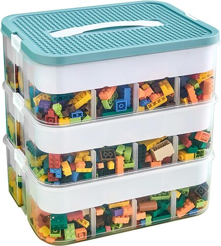 Jexnovashop-3 Couches Boite Rangement Jeux Bloc De Construction Enfant Jouets Empilable Organiseur Pour Briques Bac De Rangement Avec Plaque De Construction & Compartiments