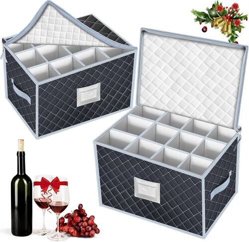 Jexnovashop-Lot De 2 Boîtes De Rangement Pour Verres À Vin - Protection Contre La Poussière - En Verre Cristal - Boîte Pliante Avec Séparateurs - Étiquette Pour 24 Verres À Pied - Gris