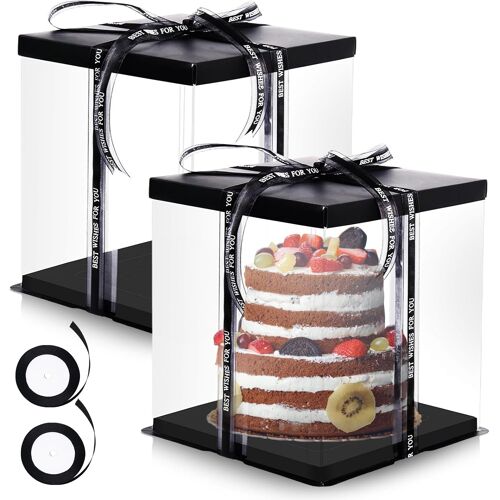 Jexnovashop-Lot De 2 Boîtes À Gâteau Transparentes 30 X 30 X 25 Cm | Boîte À Gâteau De Qualité Supérieure Avec Socle Et Ruban | Boîte Cadeau Réutilisable Transparente Pour Anniversaire, Mariage, Dess