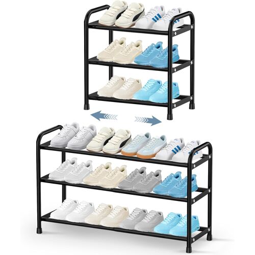 Jexnovashop-Tagère À Chaussures 3 Niveaux, Extensible Rangement Chaussure Métal Réglable De 43 À 78cm, Porte Chaussures Pour 6-12 Paires, Range Chaussure Robuste, Shoe Rack Pour Entrée, Placard, (Noi