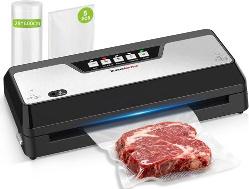 JEXNOVASHOP-Machine sous vide avec coupe-sac intégré, rangement, 1 rouleau et 5 sacs prédécoupés, pour cuisson sous vide, Noir