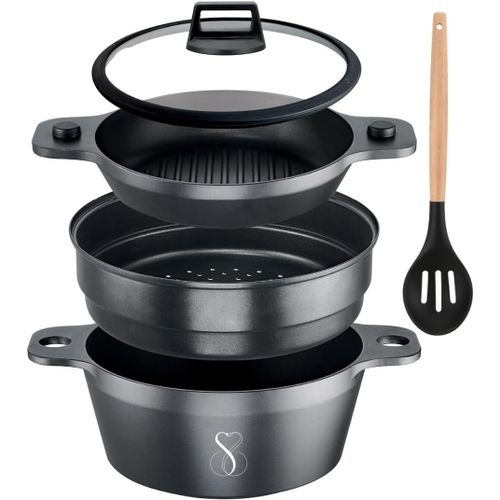 JEXNOVASHOP-Set cuisinière à vapeur à induction 24 cm | cuiseur à vapeur de cuisine + grill + cuiseur à vapeur pour aliments à 3 niveaux empilés + couvercle en verre trempé + cuillère, S&S RS1003
