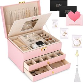 Jexnovashop-Coffret À Bijoux À Trois Niveaux,Boîte À Bijoux De Voyage Pour Colliers,Boucles D'oreilles,Bracelets Et Bagues,Avec Clés Et Serrures.Convient Aussi Bien Aux Jeunes Filles Qu'aux Femmes