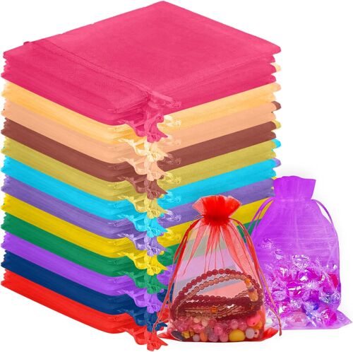 Jexnovashop-Lot De 120 Sachet Organza 10x15 Cm, Colorés Sac Cadeau En Organza Avec Cordon De Serrage, Sachet Lavande Vide Transparent Petits Pochette Cadeau Noel Dragees Bijoux Pour Mariage, Annivers
