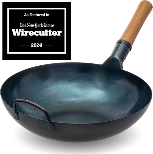 JEXNOVASHOP-Woks Et Poêles à Frire 34 cm - Wok À Fond Plat En Acier Carbone Bleu, Pré-assaisonné Compatible Induction, Plaques Électriques, Gaz Et Feu Ouvert - Poêles Chinois Traditionnel