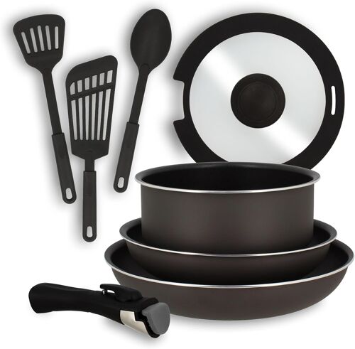 Jexnovashop-Set De 8 Pièces Iris - 1 Casserole 20cm + 2 Poêles 24/28cm + 1 Couvercle 20cm + 1 Poignée Amovible + 1 Cuillère + 2 Spatules Ajourées - Compatible Tous Feux Dont Induction - 6020450
