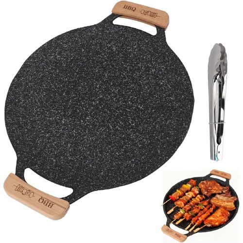 JEXNOVASHOP-Poêle à Griller Coréenne, 38cm Poêle à Barbecue Plate en Fonte, Plaque de Cuisson Ronde Antiadhésive Comales Para Tortillas pour Cuisinière à Gaz