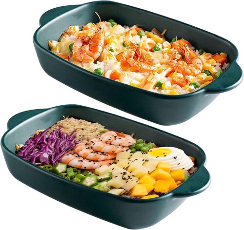 Jexnovashop-Lot De 2 Plats À Gratin Et Moule À Lasagnes En Céramique, Poignée, 23,5 X 13 Cm, Multicolore, Émaillé, Petit, Rectangulaire, Four, Lasagnes, Pâtisserie, Gratin (Vert Foncé)