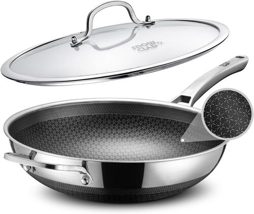 Jexnovashop-Wok 32 Cm, Hybride Et Poêle À Frire, Antiadhésif Nid D¿Abeille Avec Couvercle, Acier Inoxydable, Pour Induction Et Tous Feux, Four Et Lave-Vaisselle, Sans Pfoa