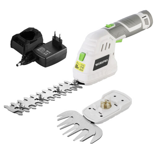 Cisaille Sculpte-Haie Electrique et Taille-Herbes sans Fil 12V WORKPRO, Cisaille a Gazon Batterie 2000mAh avec 2 Lames, Taille Haie Leger pour Coupe, Elagage, Blanc & Gris