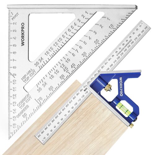 Equerre Menuisier 300 mm et Equerre Charpentier Triangulaire 180mm WORKPRO, Equerre Combinee avec Niveau a Bulle en Acier Inoxydable, Ensemble d'Outils d'Equerre pour Bricolage, Outillage, Menuiserie