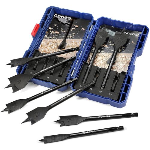 Foret a bois plats a bois WORKPRO, 8 Pieces, tige hexagonale a changement rapide de 6,35 mm, 12 mm/16 mm/18 mm/20 mm/22 mm/25 mm/28 mm/32 mm, etui de rangement
