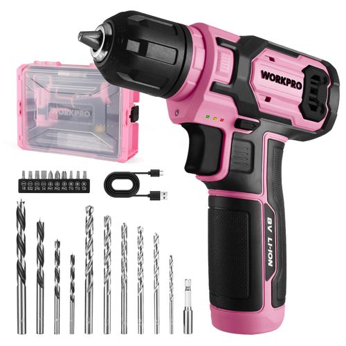 Perceuse Visseuse Sans Fil 8V WORKPRO, 2 In 1 Visseuse Devisseuse Sans Fil Rose, Accessoires 21 Pieces, avec 10MM Porte-Forets, LED Lumiere, Cable de Charge Type C, pour Reparation Maison DIY