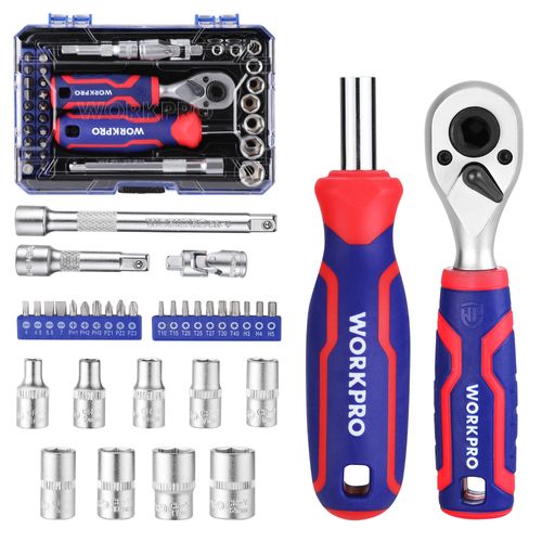 Douille et Embout 34 Pieces WORKPRO, Mini Cles a Cliquet 1/4 Double Tete 2-en-1, Tournevis a Embouts Magnetique, 2 Rallonges et Joint Universel, Outils de Reparation pour Velos Voitures