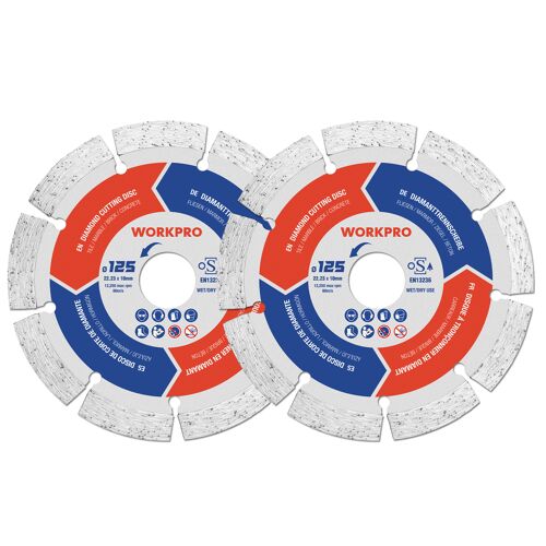 Disque a Tronconner Diamantes 125 mm WORKPRO, 2 Pieces pour Carrelage, Beton, Pierre, Brique, Granit, Marbre, Meuleuse