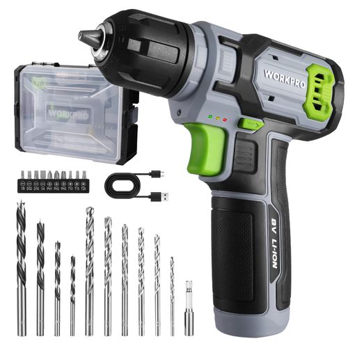 Perceuse Visseuse Sans Fil 8V WORKPRO, 2 In 1 Visseuse Devisseuse Sans Fil Gris Vert, Accessoires 21 Pieces, avec 10MM Porte-Forets, LED Lumiere, Cable de Charge Type C, pour Reparation Maison DIY